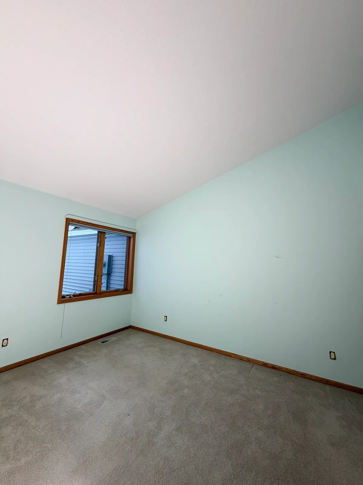 Anoka townhome bedroom before painting, pale mint walls under a vaulted ceiling.